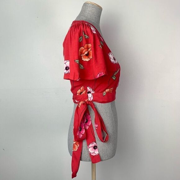 Forever21 Red Floral Crop Wrap‎ Top Tie Waist - Picture 3 of 8